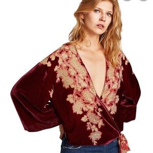 Zara kimono wrap blouse burgundy floral velvet
